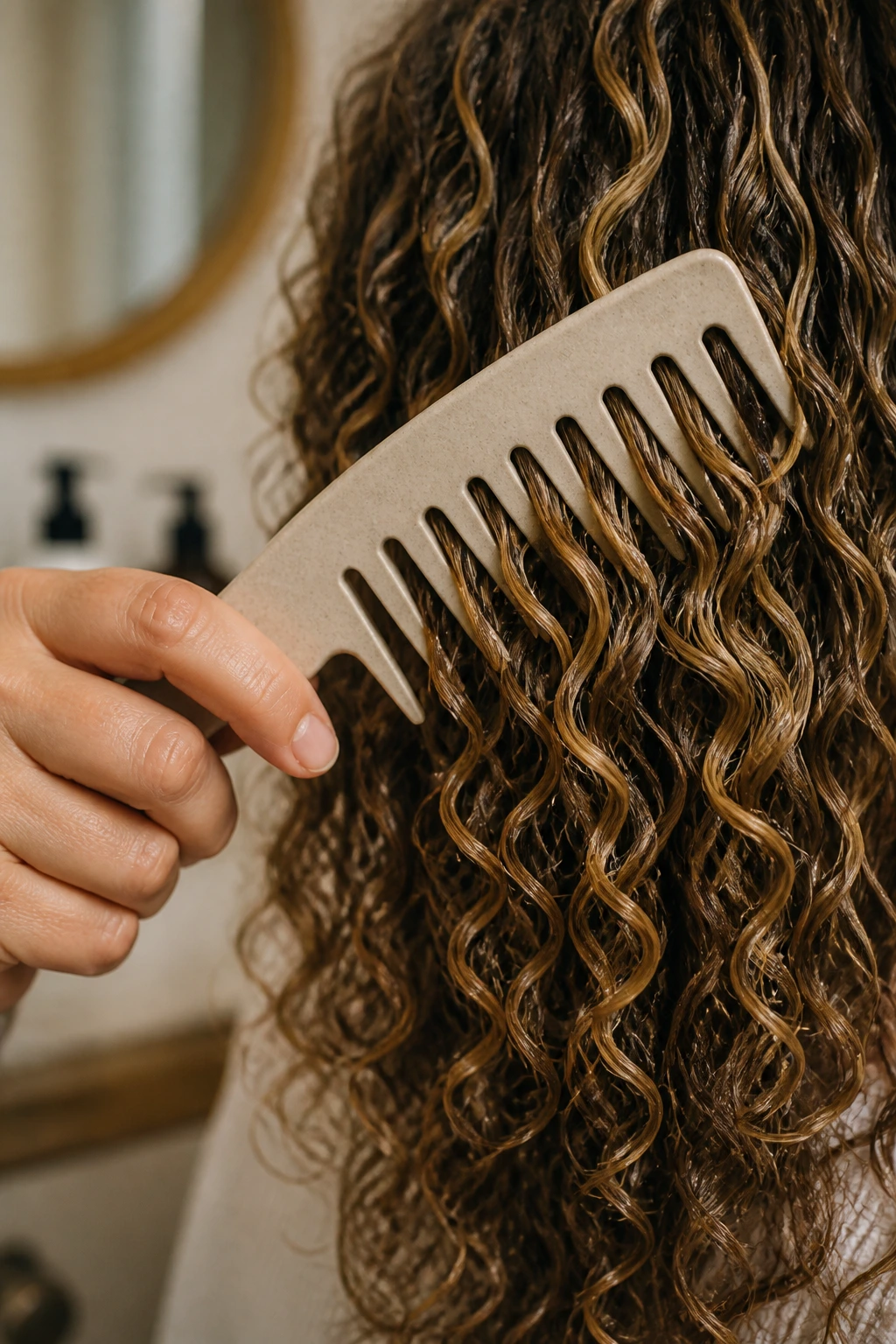 Hand holding a wide-tooth comb through curly hair in a home bathroom setting.
