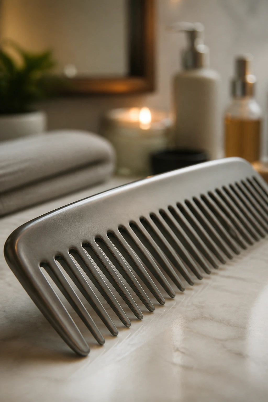 Close-up of a wide-tooth comb on a bathroom counter as a tool for long silver hair.
