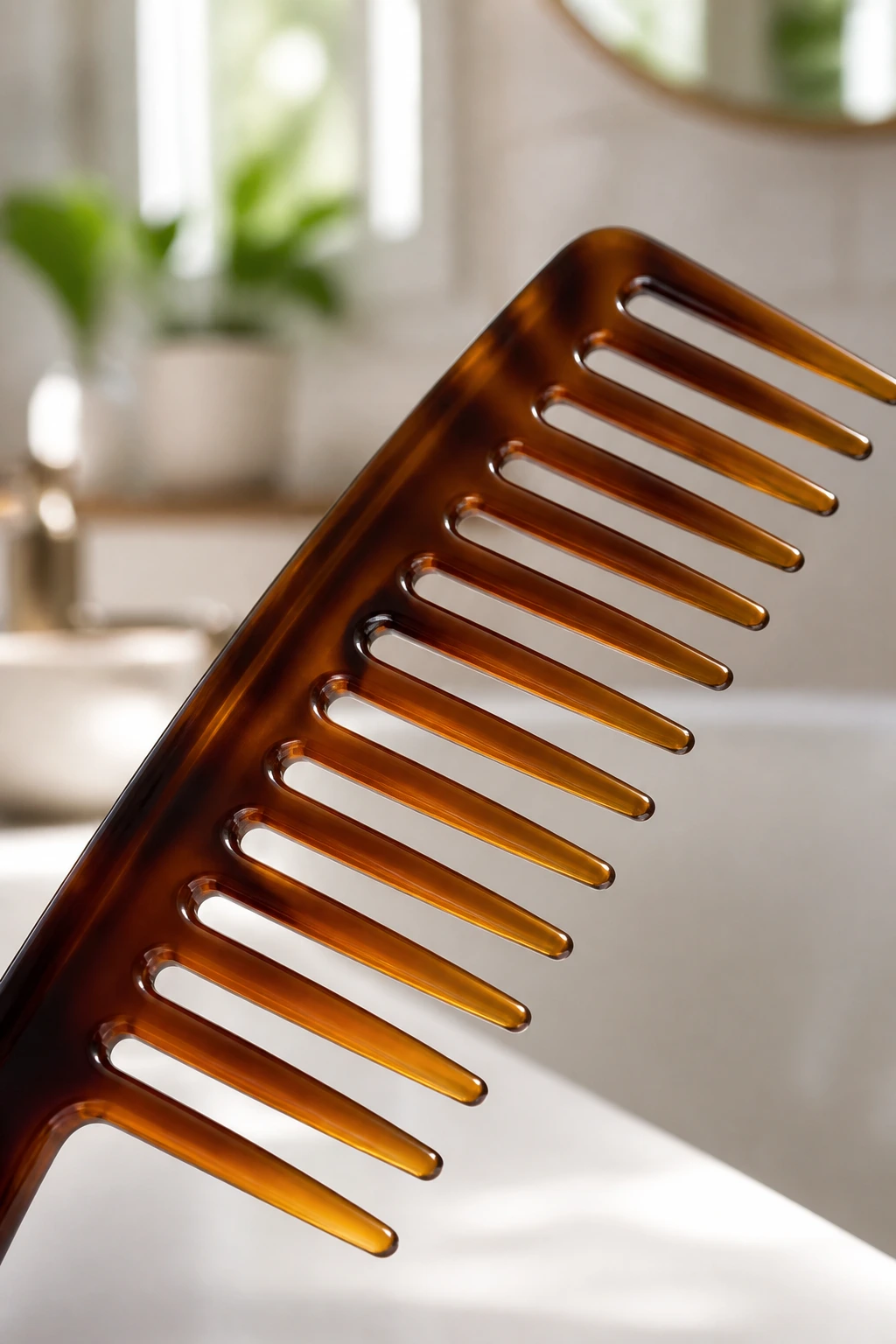 Close-up of a wide-tooth comb for detangling curls