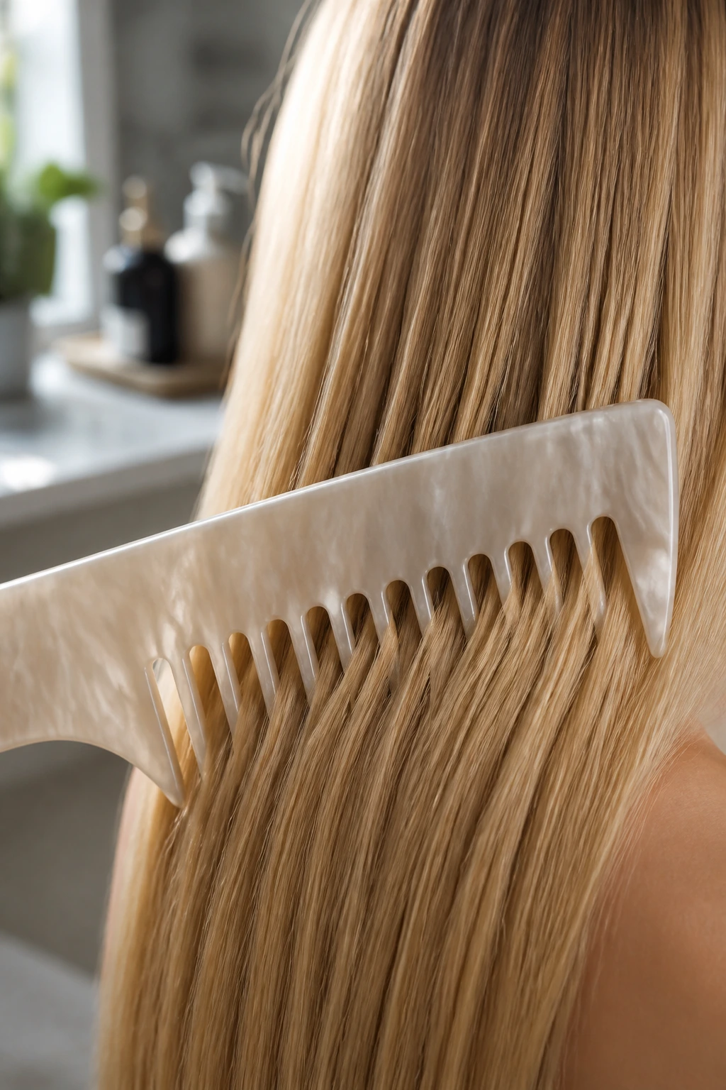 Close-up of a wide-tooth comb through long blonde hair