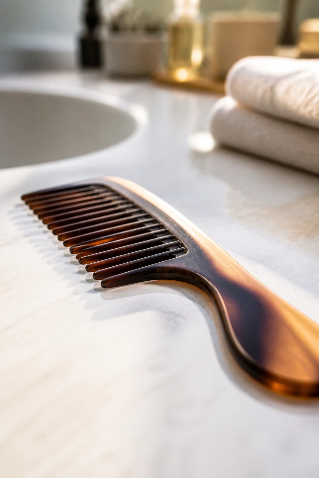 Close-up of a wide-tooth comb on a bathroom counter used for detangling long waves in Wolf Shag styling