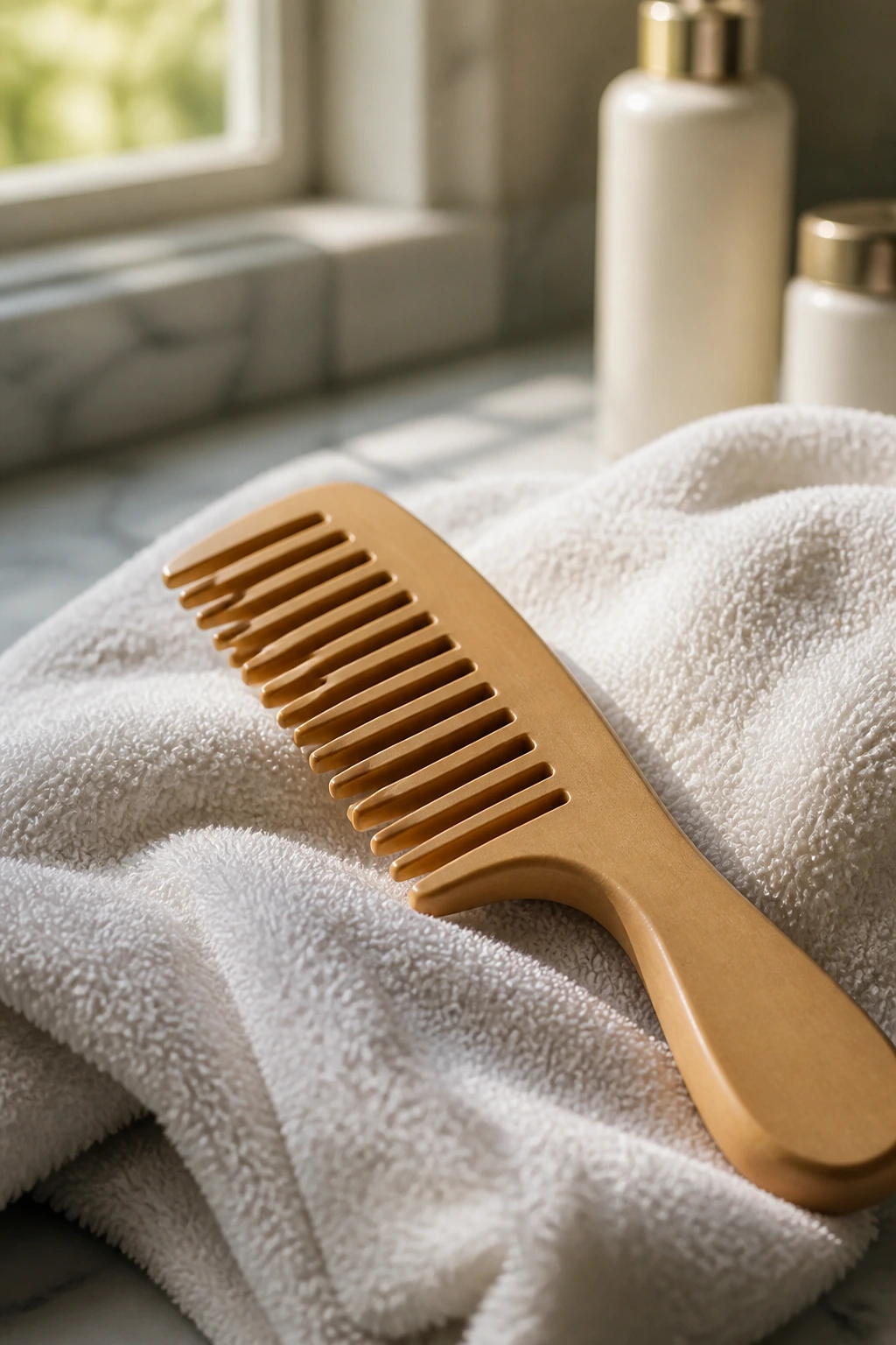 Close-up of a wide-tooth comb on a soft towel in a bathroom
