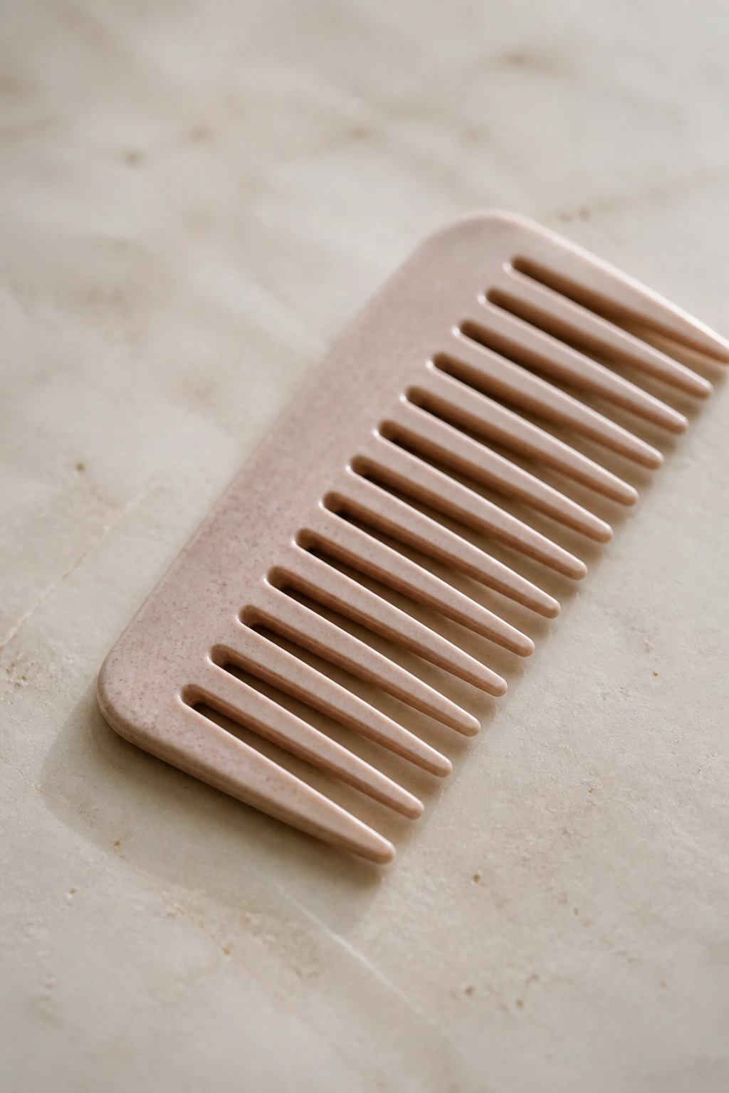 Macro close-up of a wide-tooth comb for curly bangs.