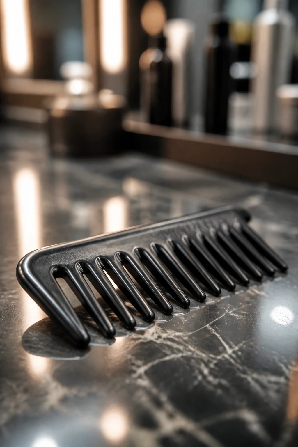 Close-up of a wide-tooth comb on a salon counter.