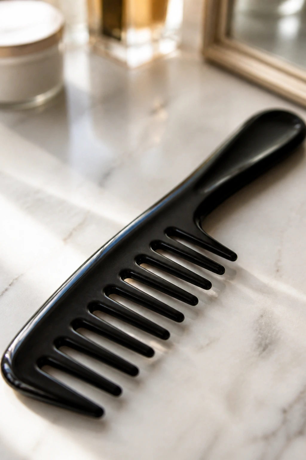 Macro shot of a wide-tooth comb on a clean surface