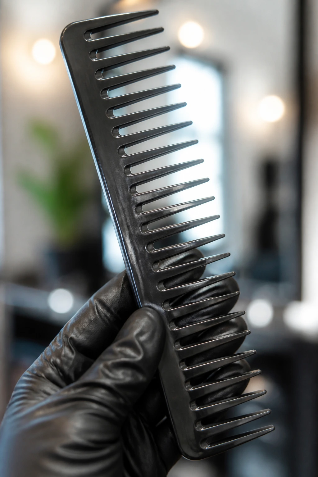 Extreme close-up of a professional wide-tooth comb in a salon setting