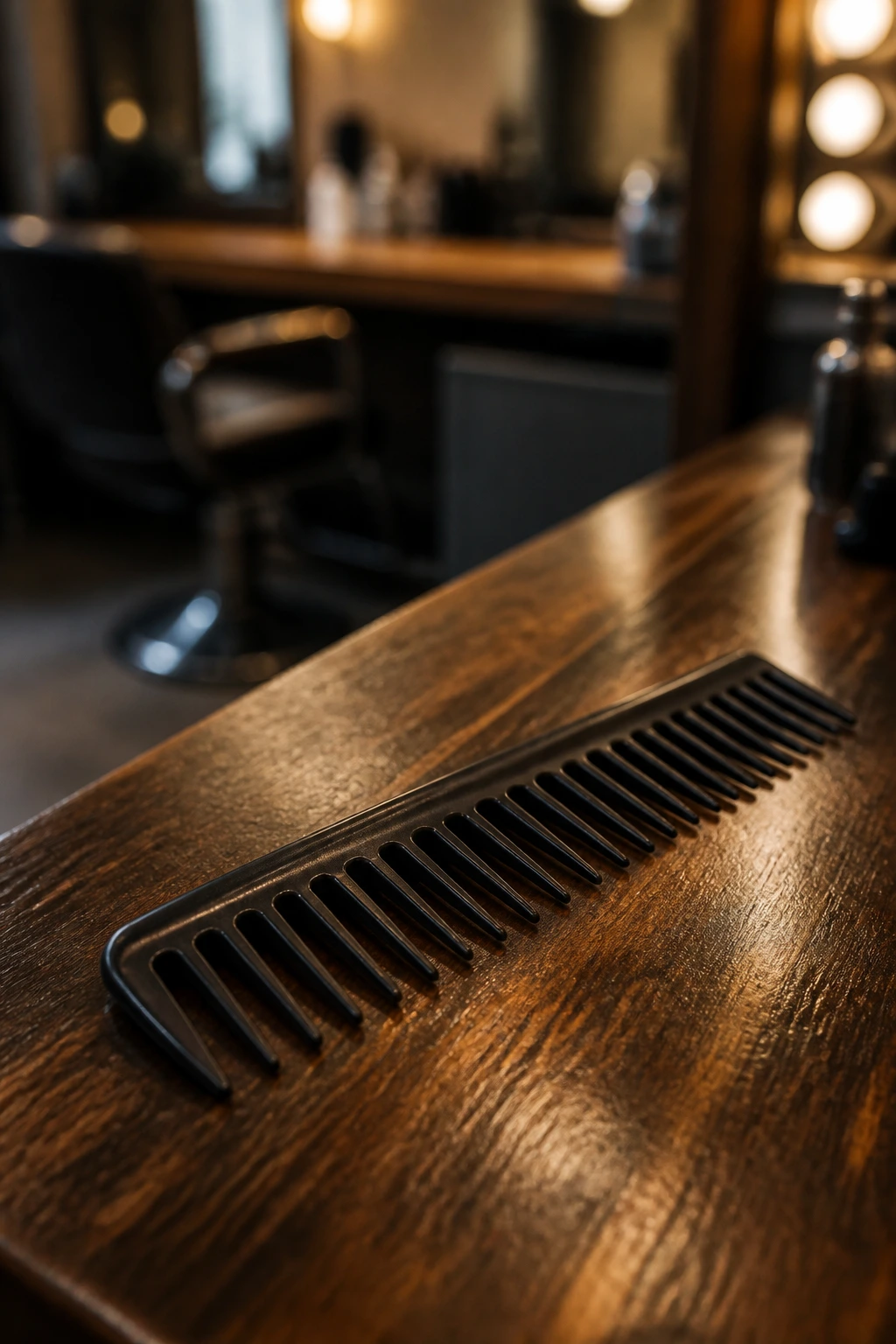 Close-up of a plain wide-tooth comb on a wood salon counter with blurred background