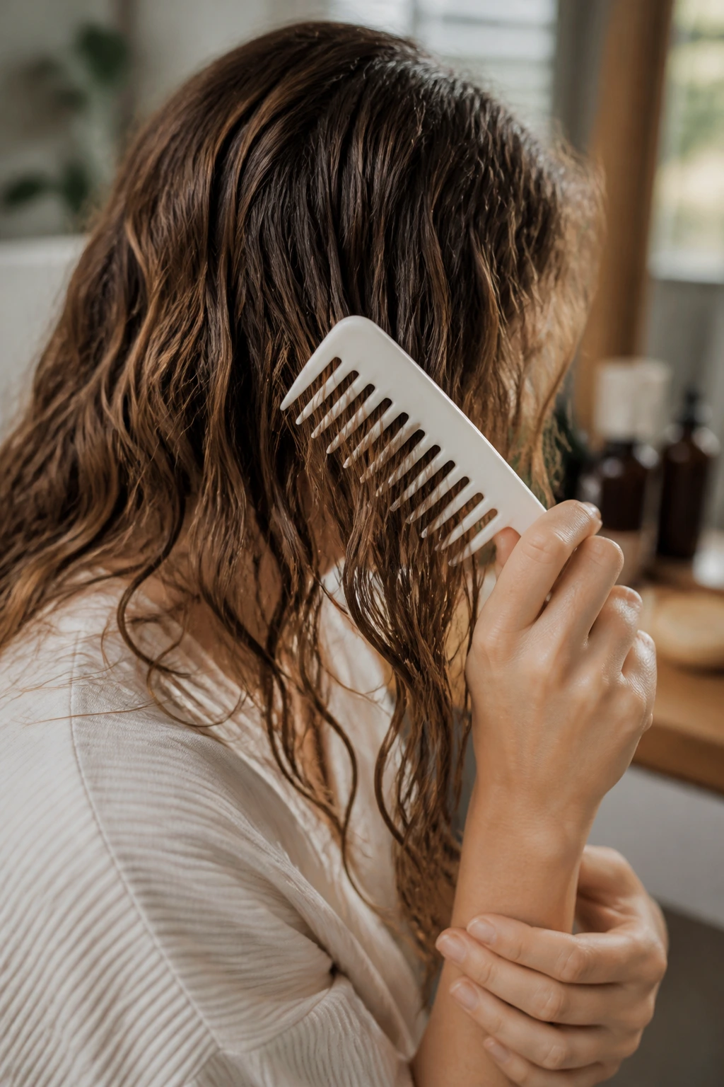 Hands detangling wavy hair with a wide-tooth comb in a bathroom vanity
