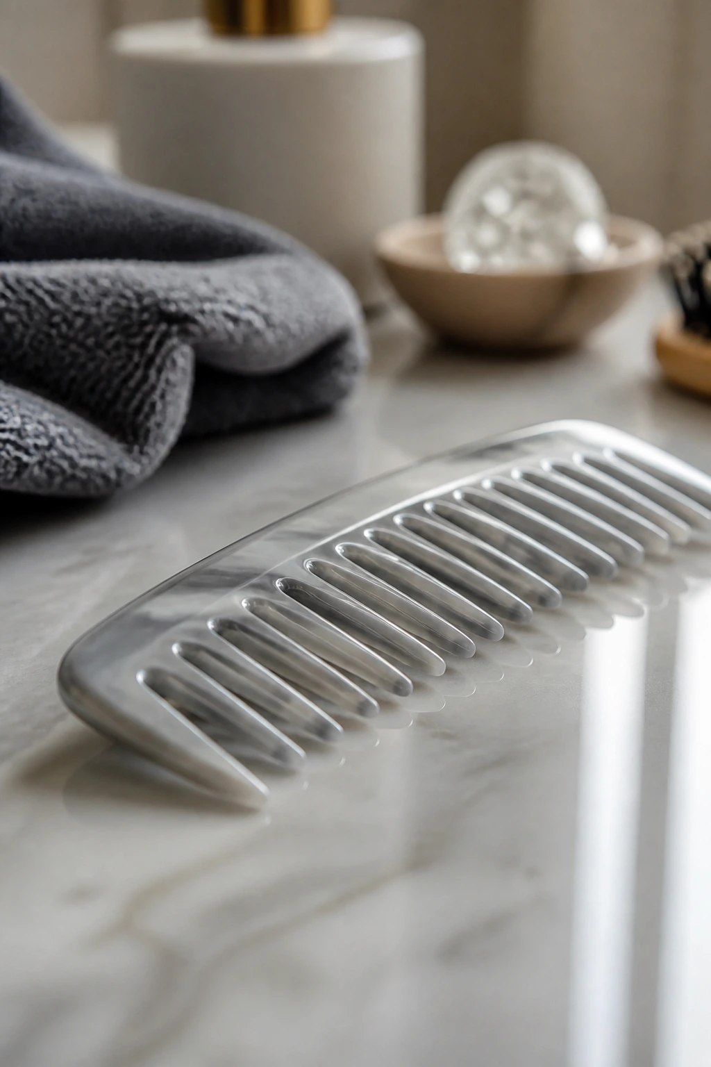 Close-up of a wide-tooth comb on a bathroom counter.