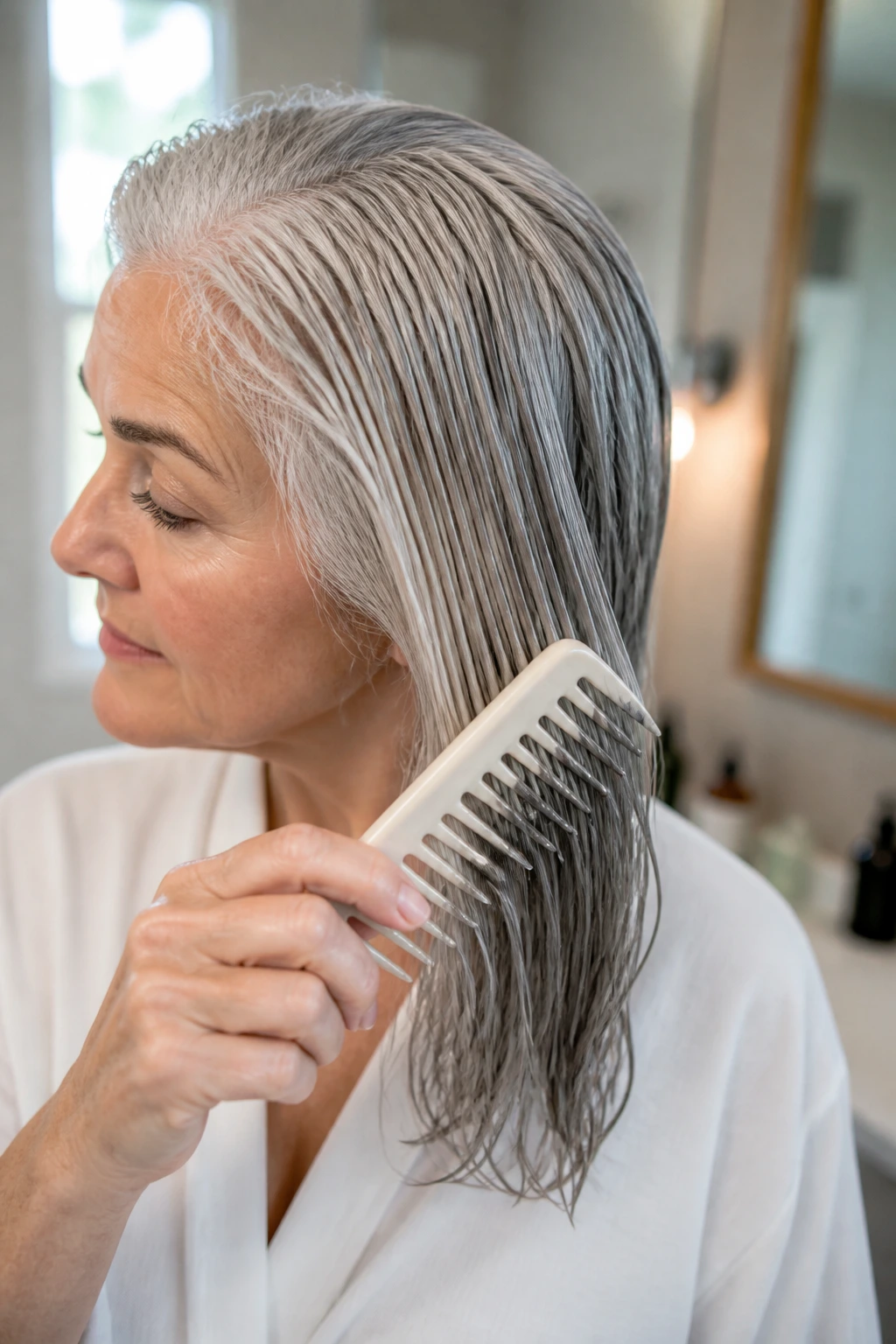 Close-up of a wide-tooth comb detangling damp silver hair in a bathroom setting