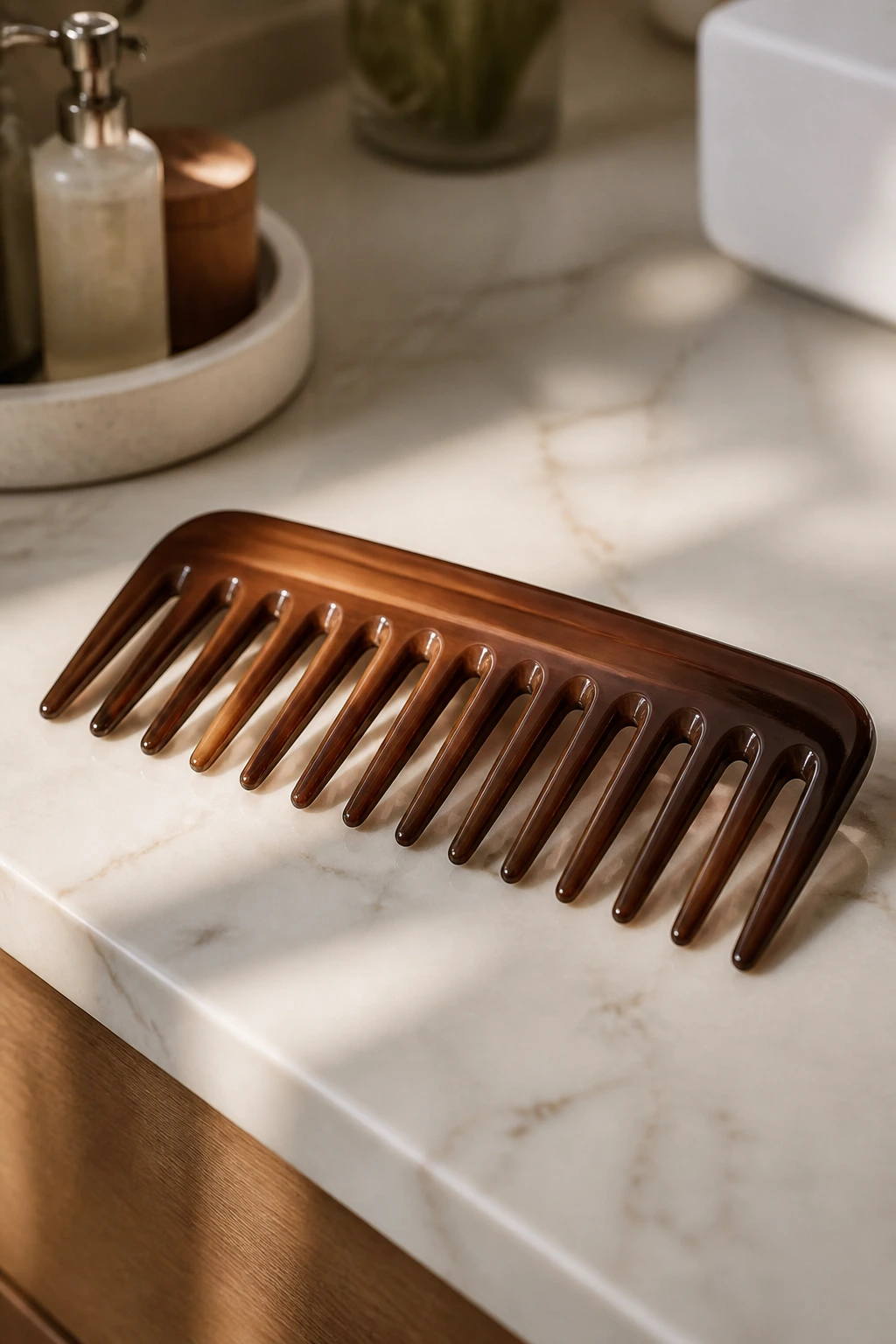Close-up of a wide-tooth comb on a bathroom counter as styling tool for thick waves