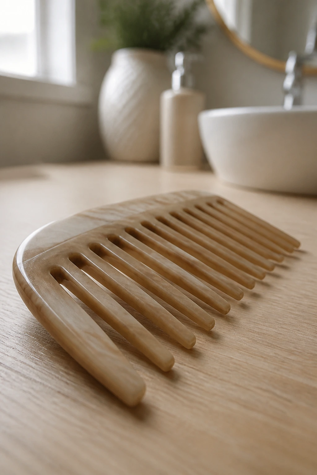 Close-up of a wide-tooth comb on a wooden surface, ready for detangling wavy hair