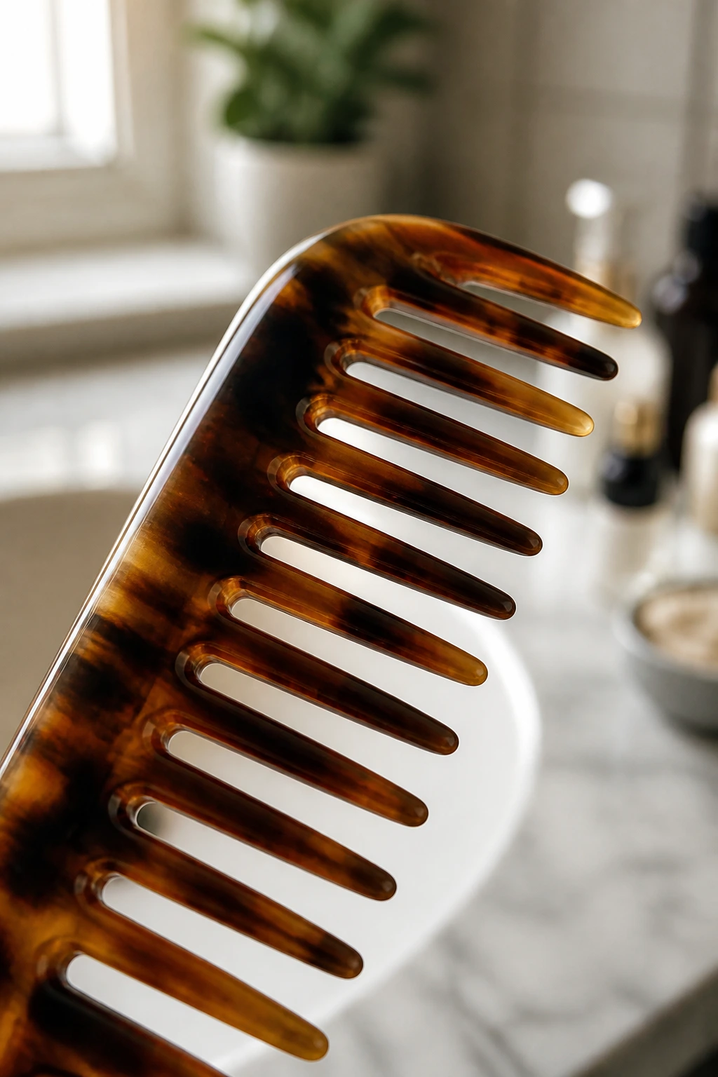 Close-up of a wide-tooth comb in a bathroom setting