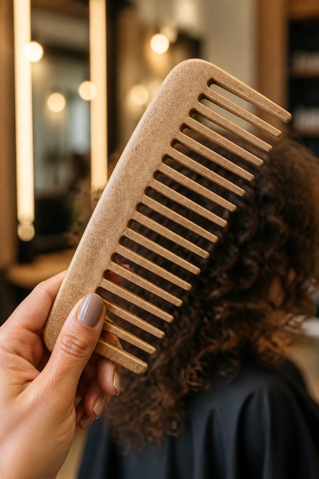 Close-up of a wide-tooth comb held by a stylist in a salon setting.