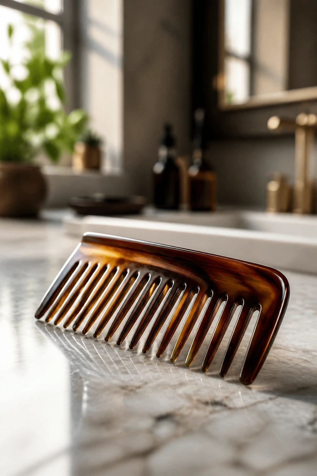 Close-up of a wide-tooth comb on a bathroom counter, representing essential tools for long men's hairstyles.
