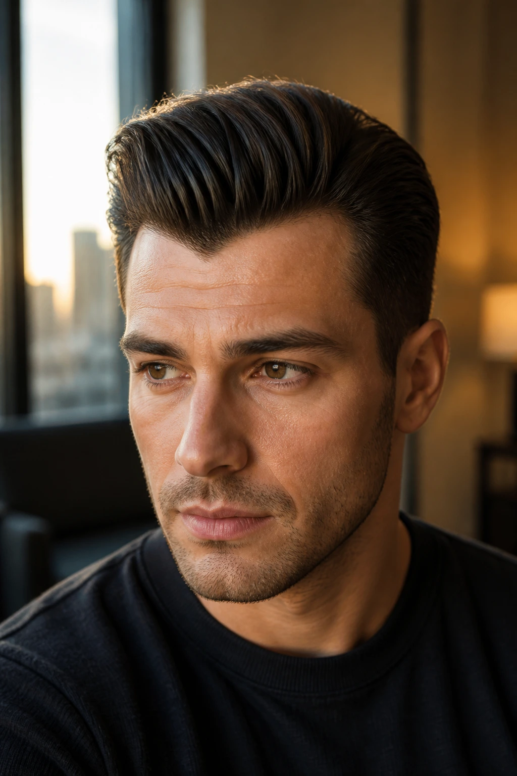 Man with widow's peak integrated into sculpted pompadour portrait