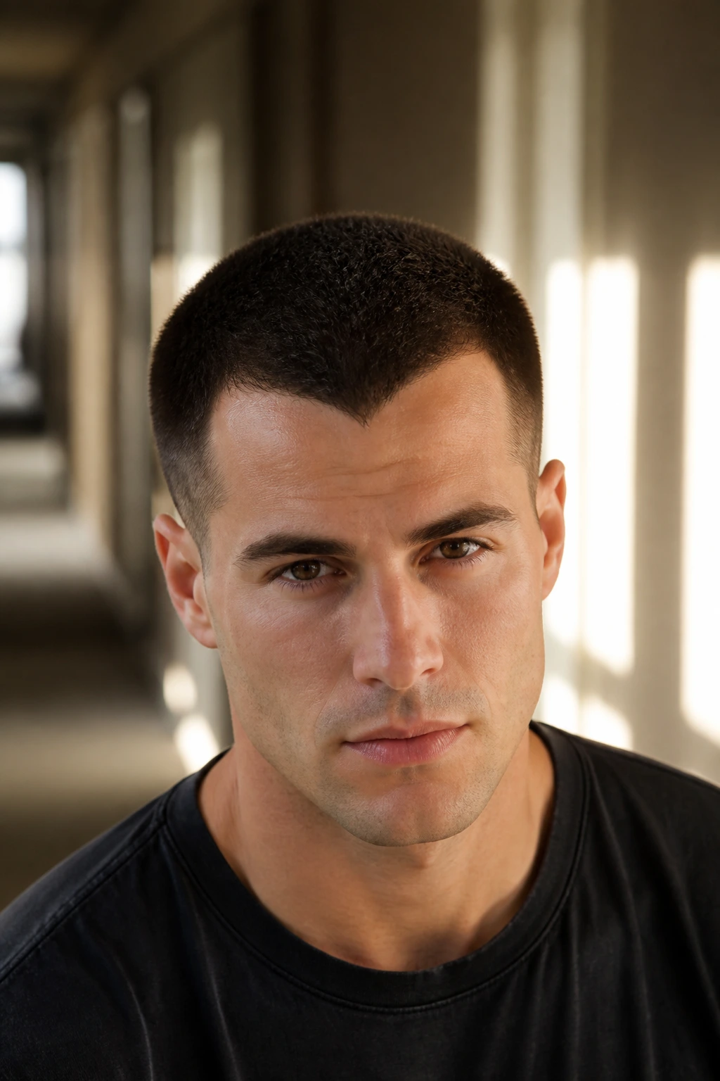 Close-up of a man with widow’s peak crew cut showing the peak integrated into the front.