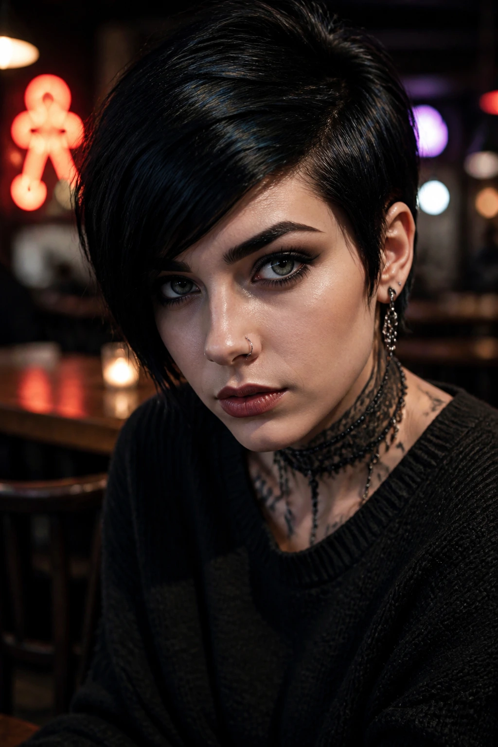 Close-up of side-swept widow’s peak fringe in neon-lit cafe setting