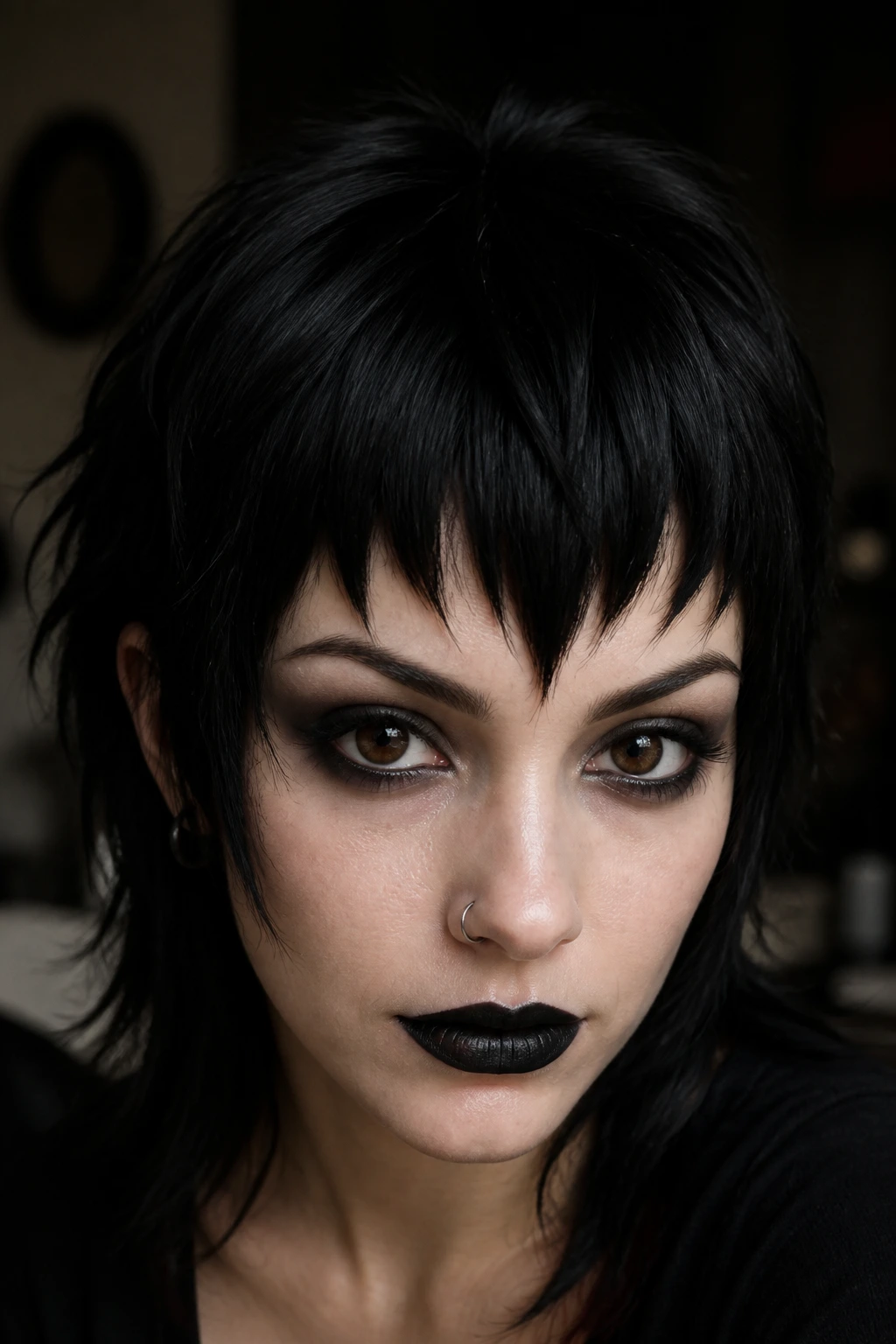 Close-up portrait of a real person with choppy widow’s peak fringe.