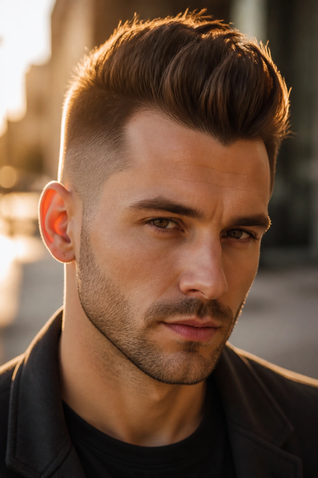 Close-up portrait of a real person with widows peak quiff and short sides hairstyle