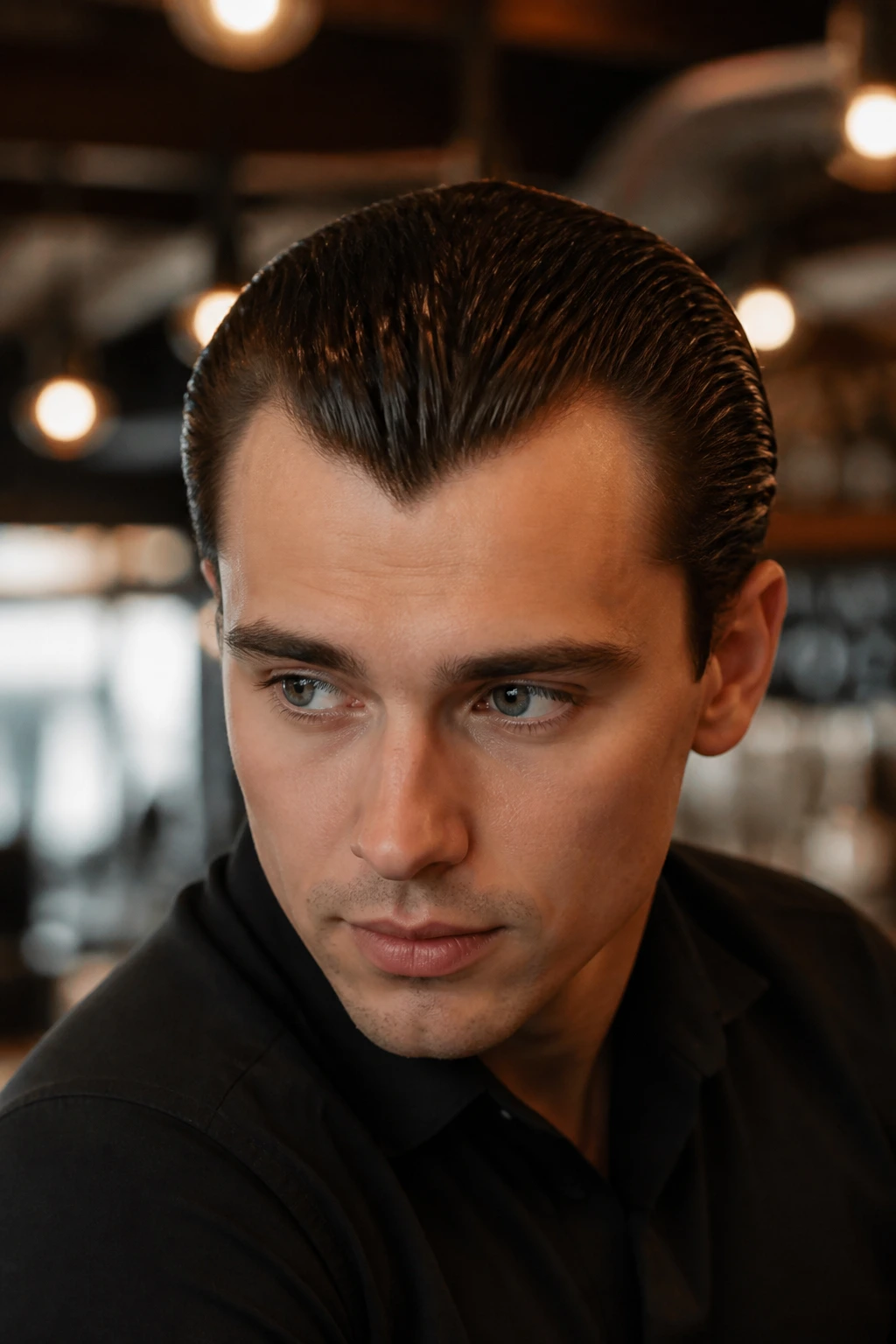 Close-up of a man with a widow’s peak slick back hairstyle