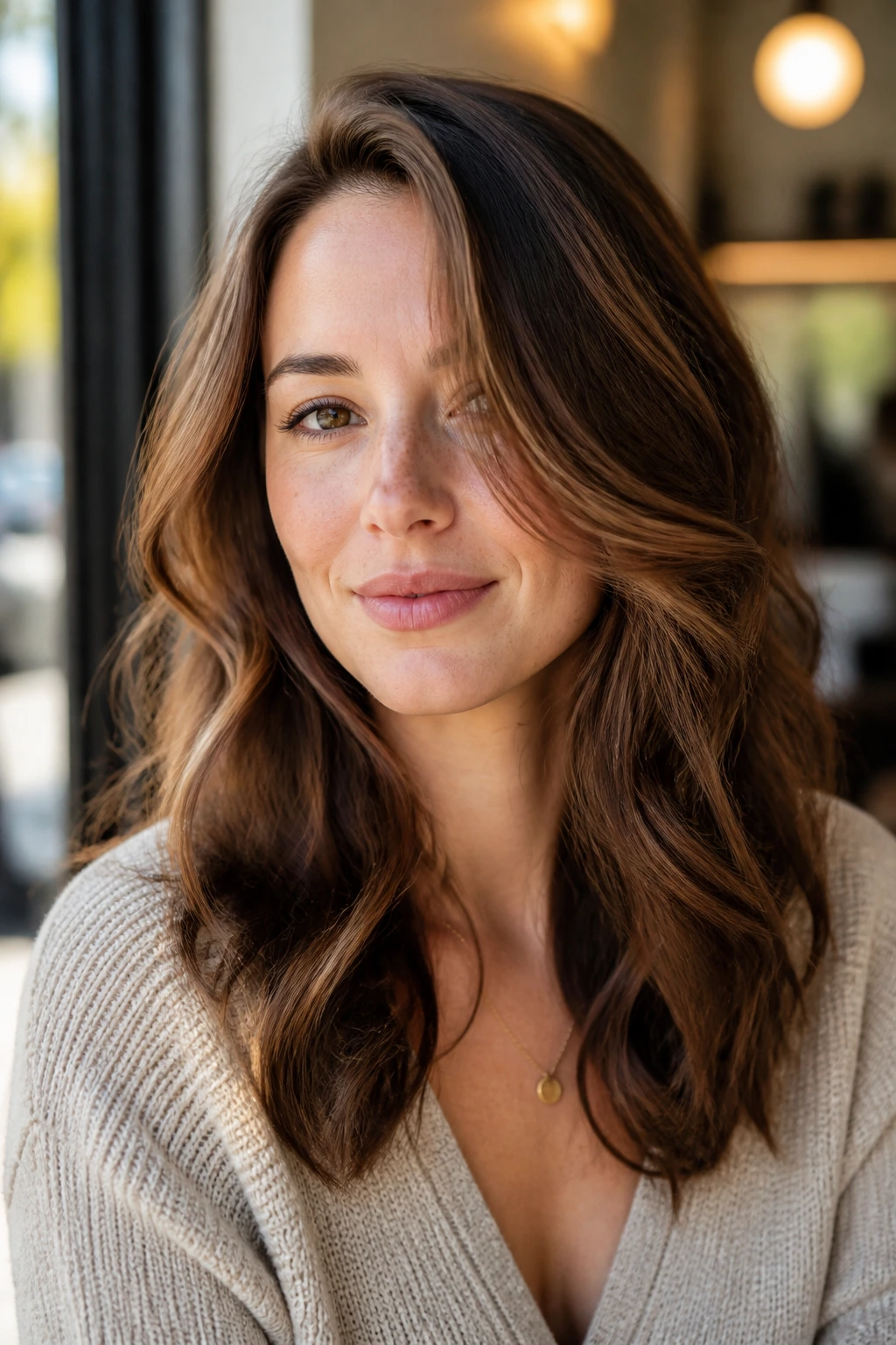 Close-up portrait illustrating width-enhancing hairstyle on a long face