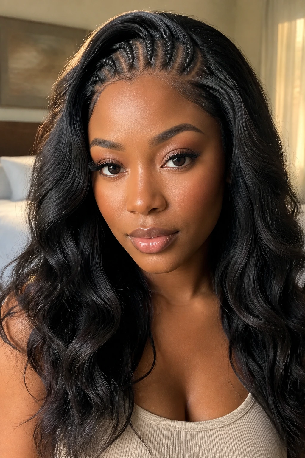 Real person wearing a wig on braided foundation with natural hairline