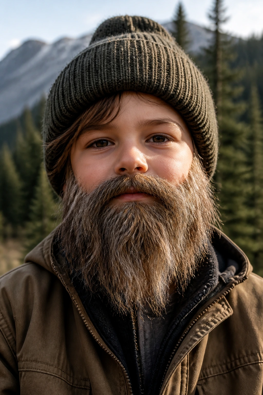 Boy with Wild Mountain Beard outdoors in forest setting