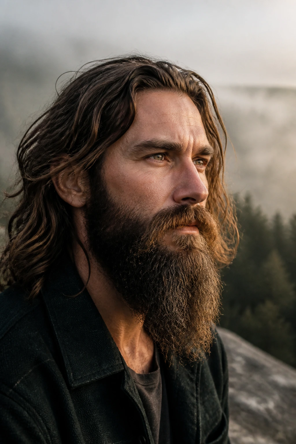 Man with long tapered beard and long hair in dawn forest light