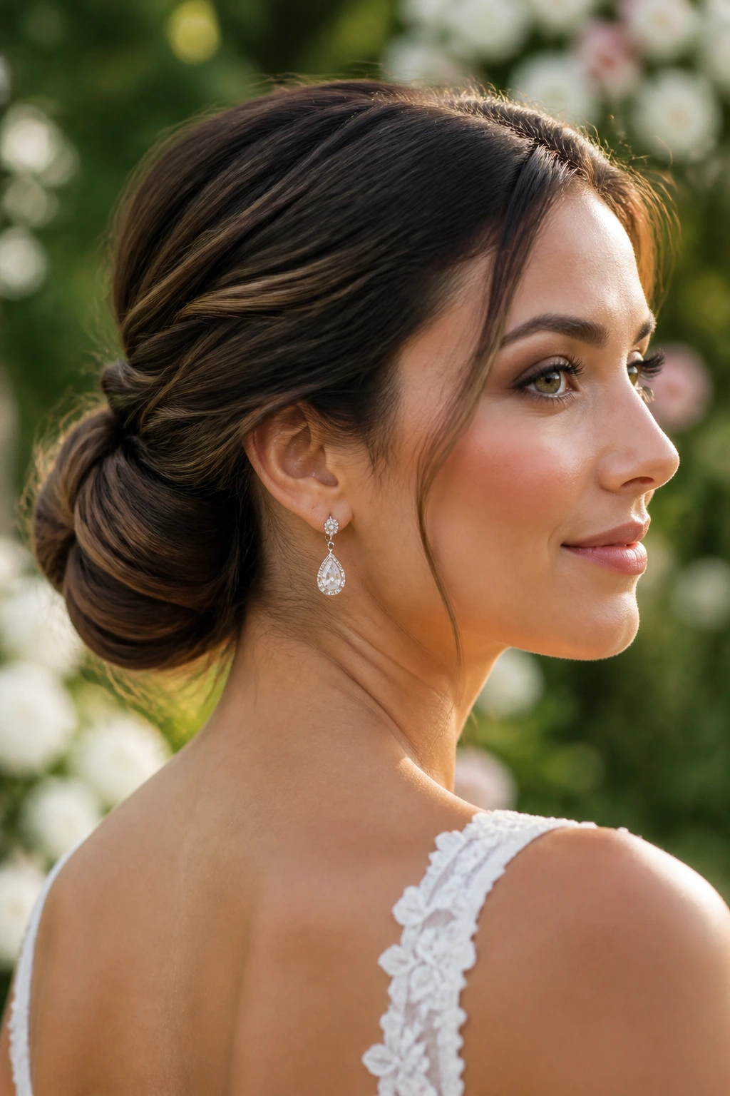 Wind-resistant low chignon on a real bride outdoors