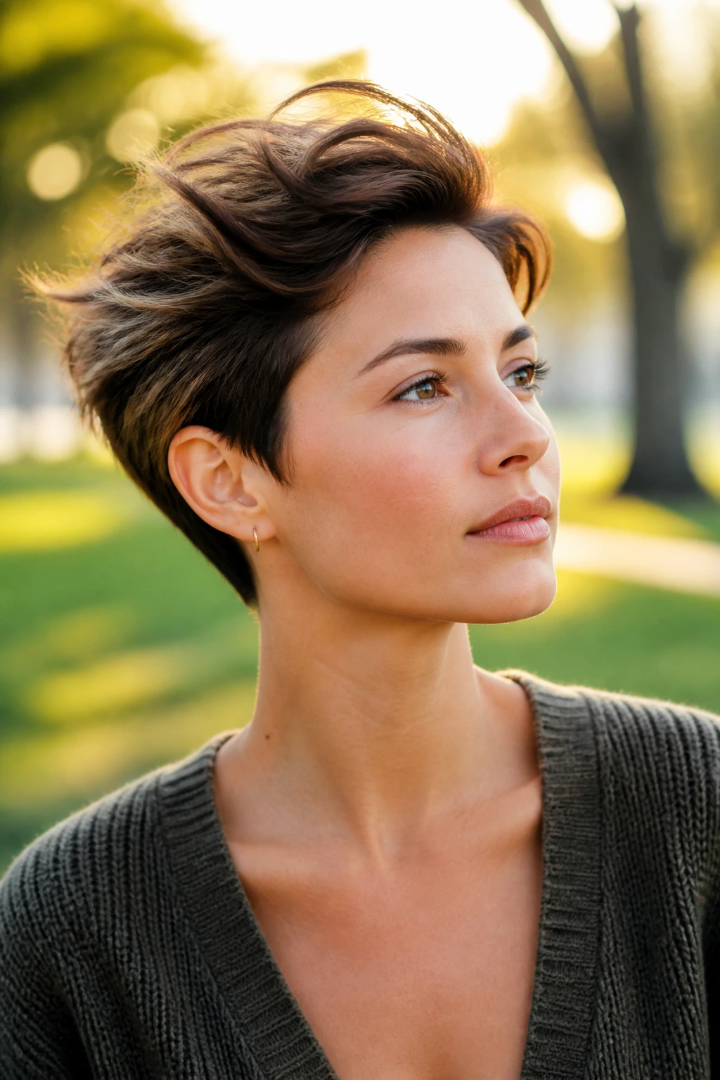 Close-up portrait of a real woman with wind-swept pixie hair in an outdoor park.