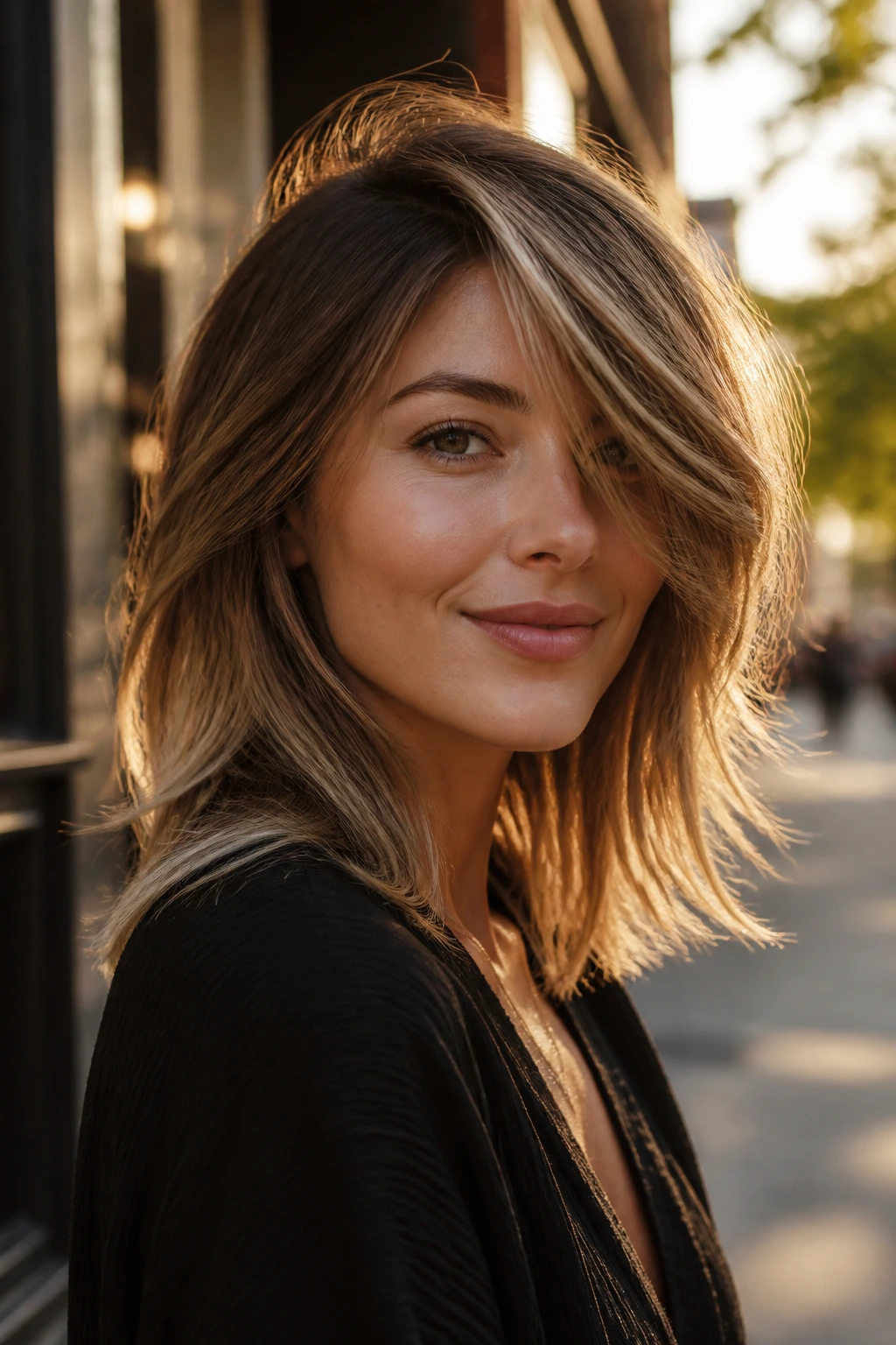 Close-up of a real woman with a deep side part and wind-swept layers framing the face
