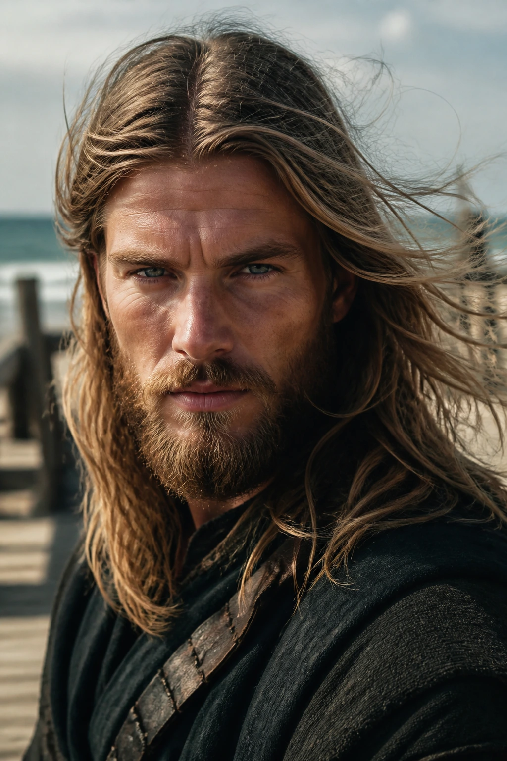 Windblown center-part long hair portrait