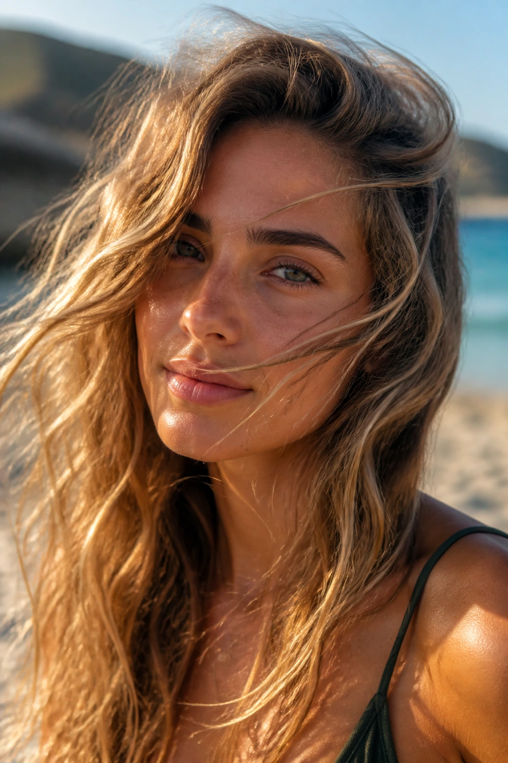 Close-up of a woman with windblown beach waves in golden hour light