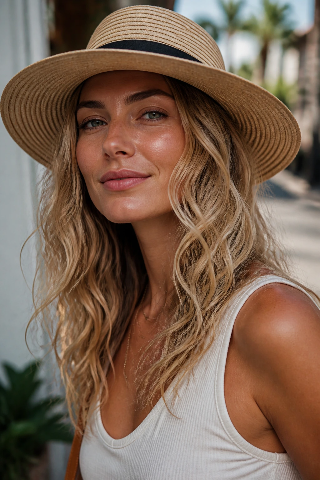 Real woman wearing a hat with windblown waves starting below the ears