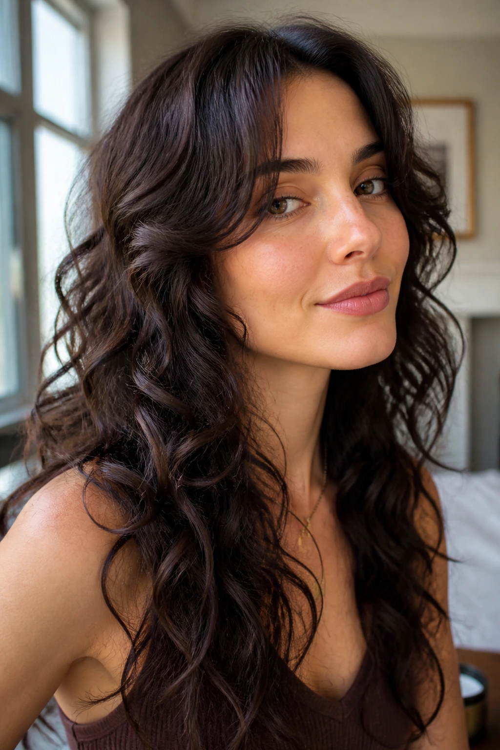 Portrait of a real woman with face-opening window layers in curly hair.