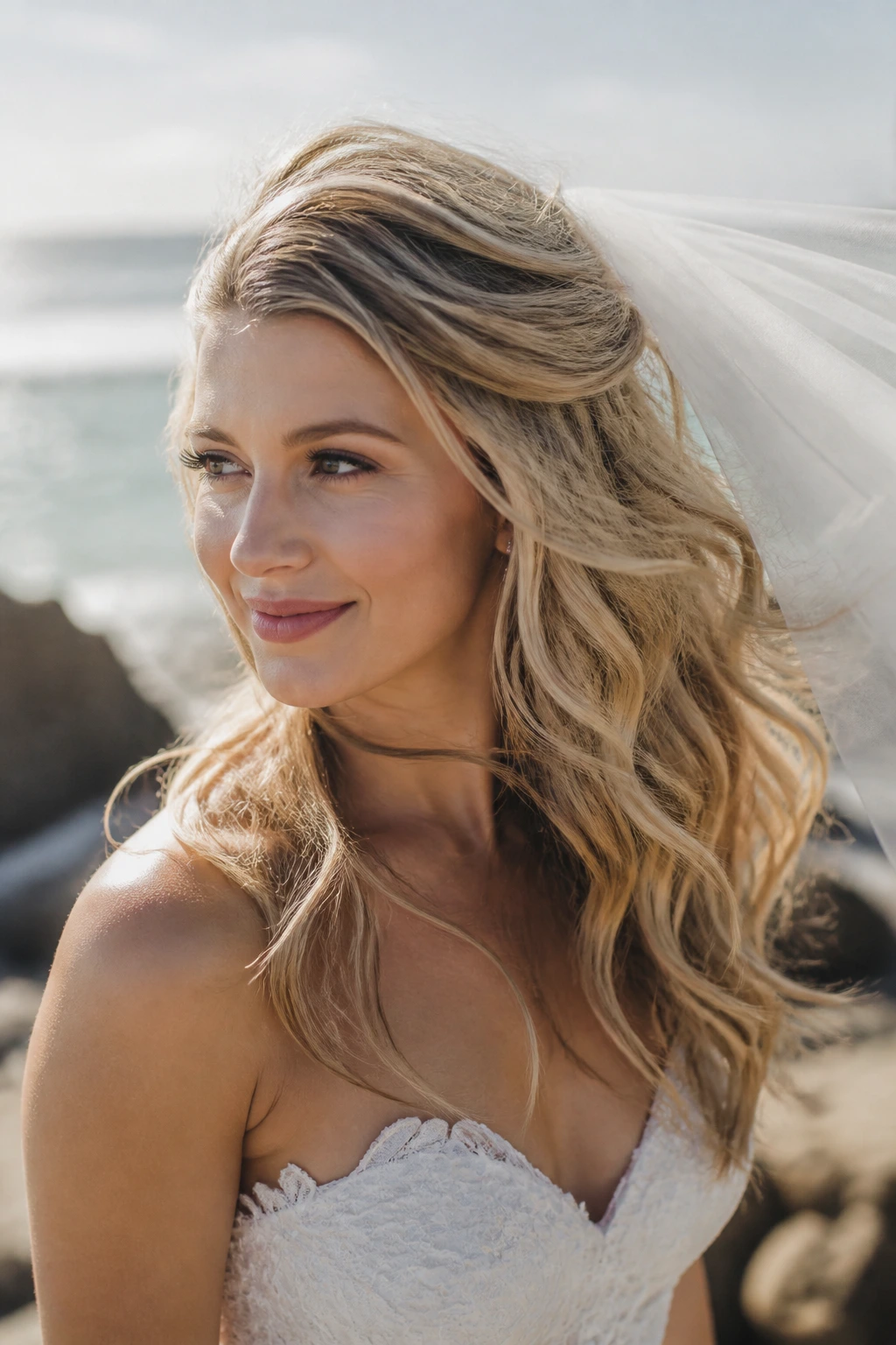 Close-up of real bride with windswept beach waves and veil anchor