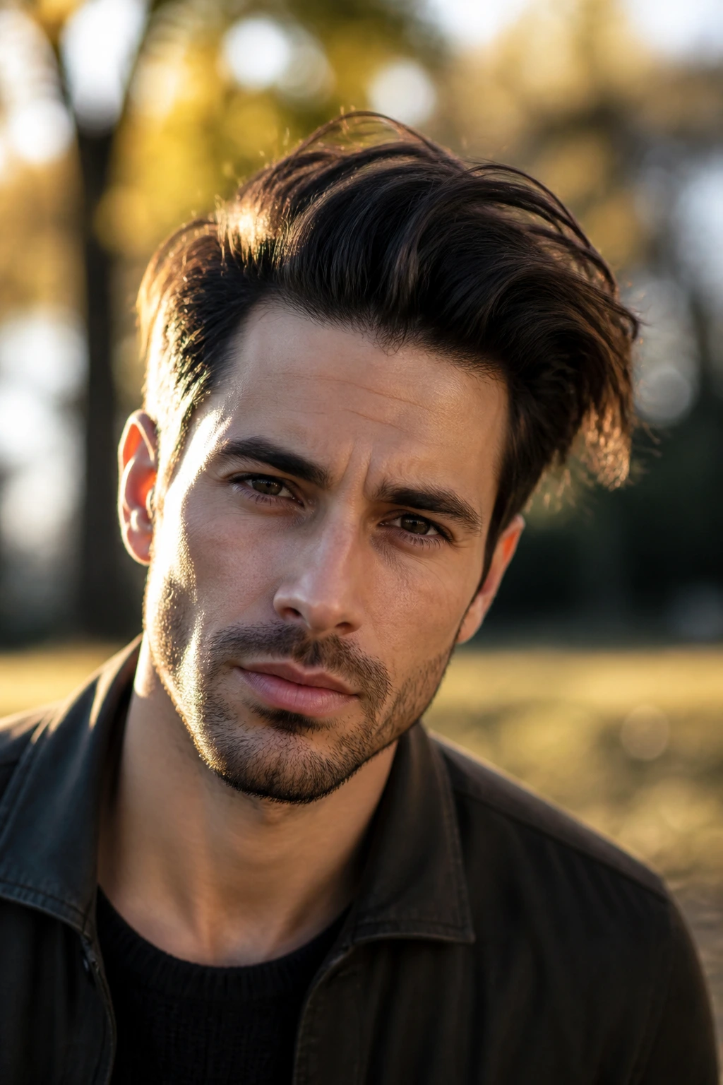 Close-up of a man with a windswept pompadour outdoors at golden hour
