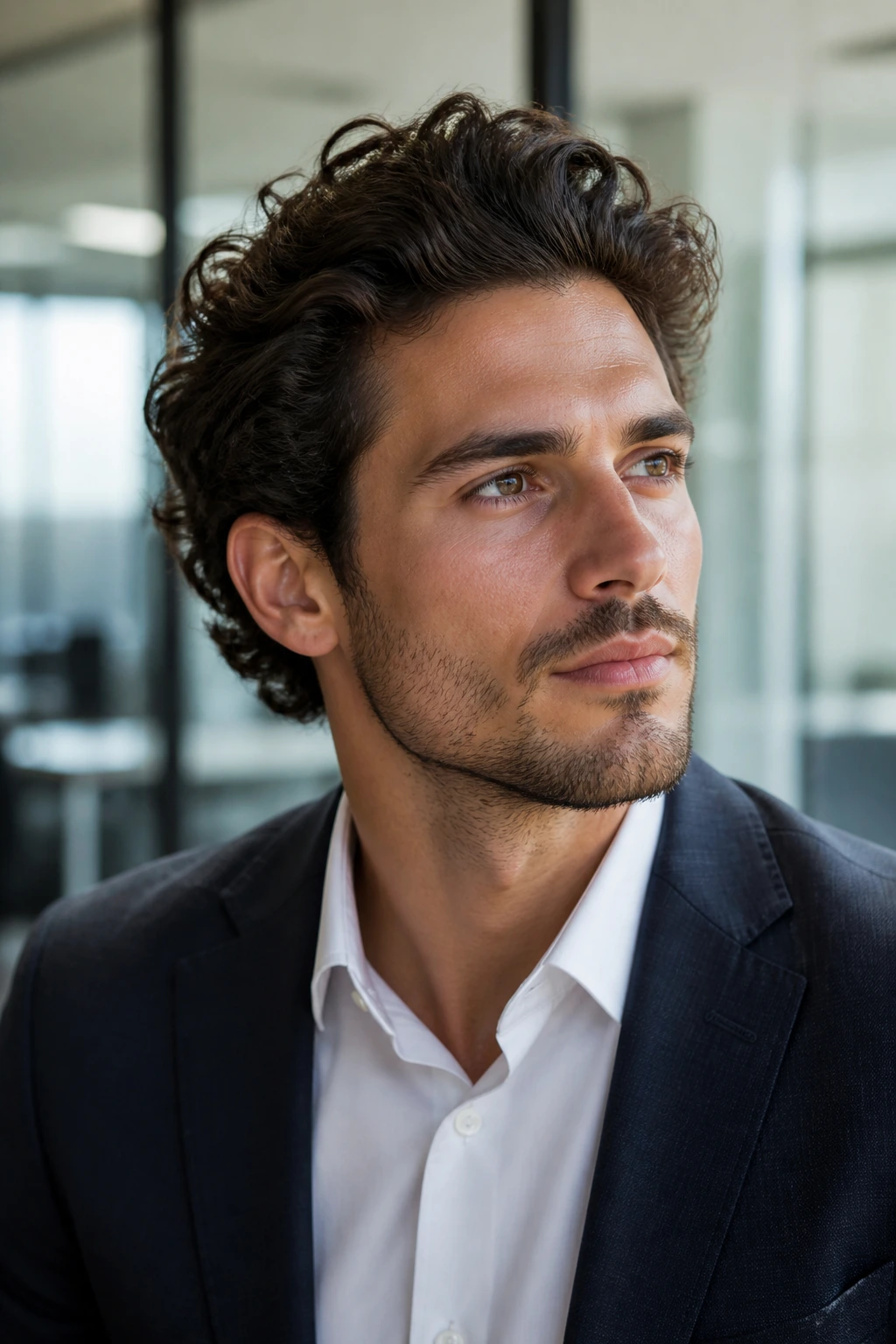 Man with windswept professional curls in an office setting