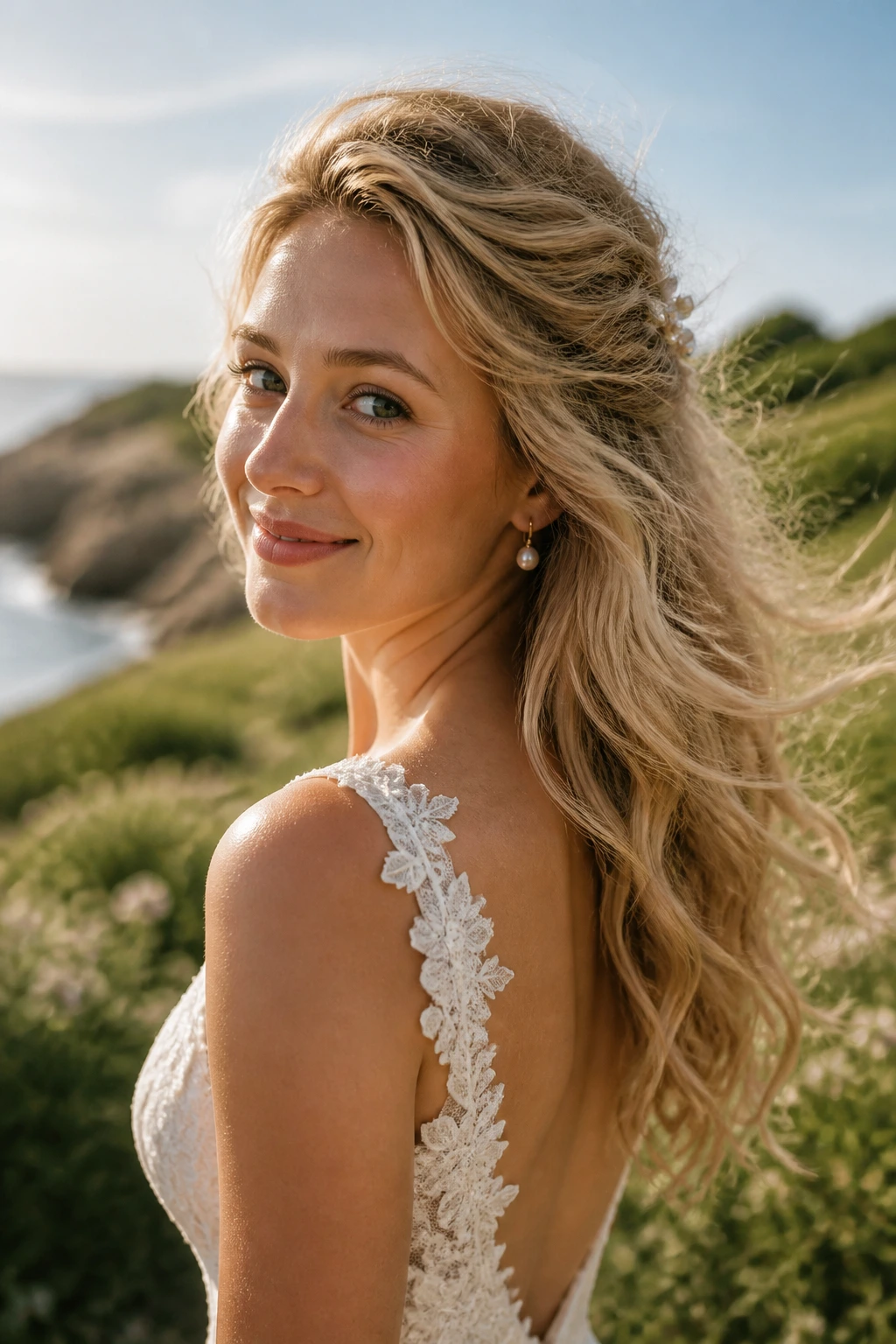 Bride outdoors with windswept waves and pinned crown
