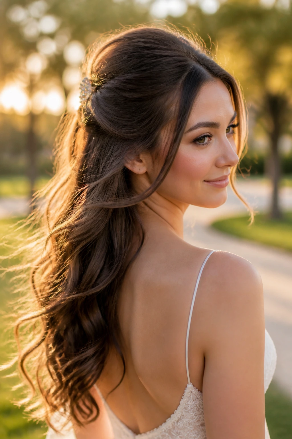 Bride outdoors with wind-swept half-up crown at golden hour