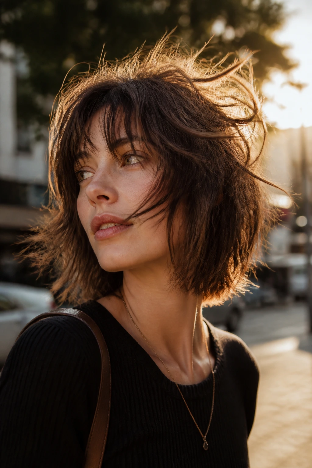 Close-up of a real woman with a wind-swept shaggy bob outdoors during golden hour