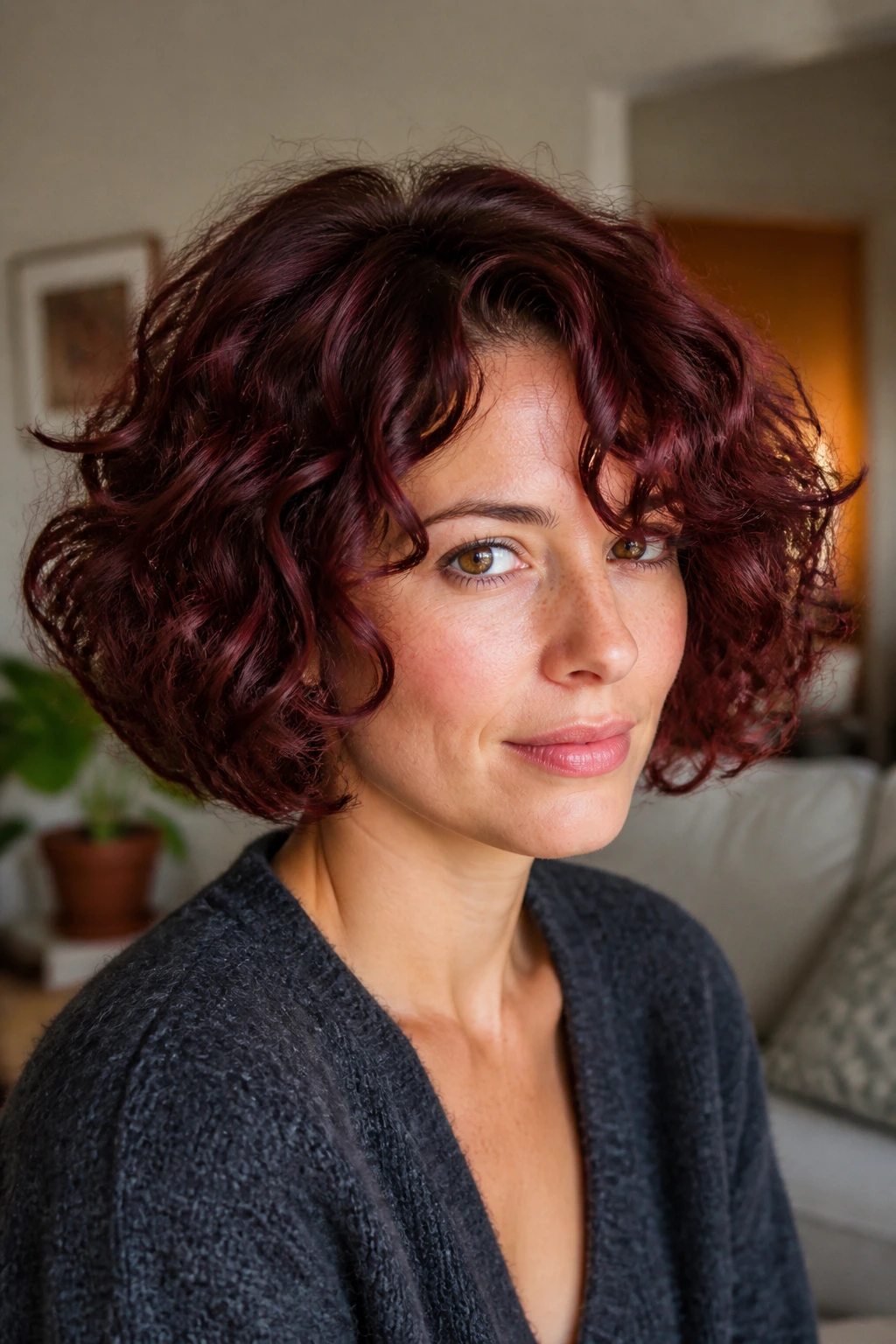 Close-up of real woman with wine-red curly bob showing depth and curls.