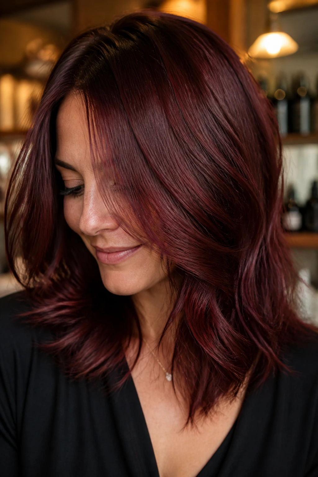 Close-up of Wine-Stained Layers on a real woman in warm indoor light