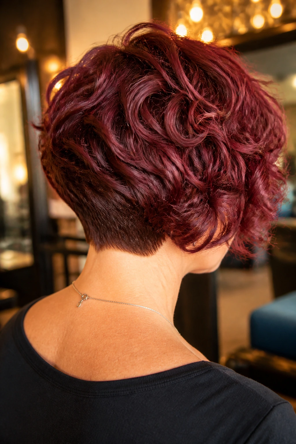Rear three-quarter portrait of a real person with wine-red stacked bob