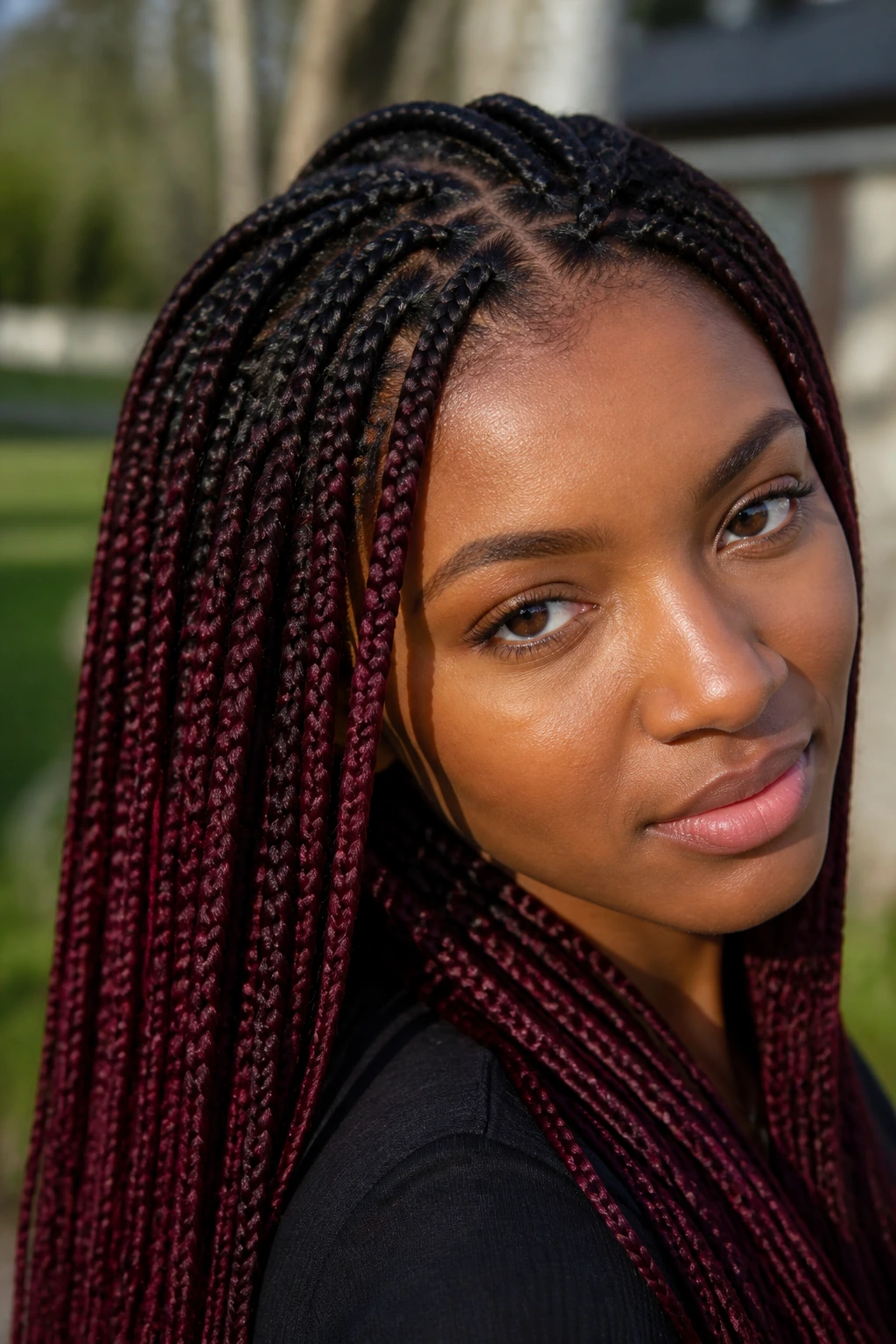 Burgundy knotless braids with wine-root fade in outdoor light