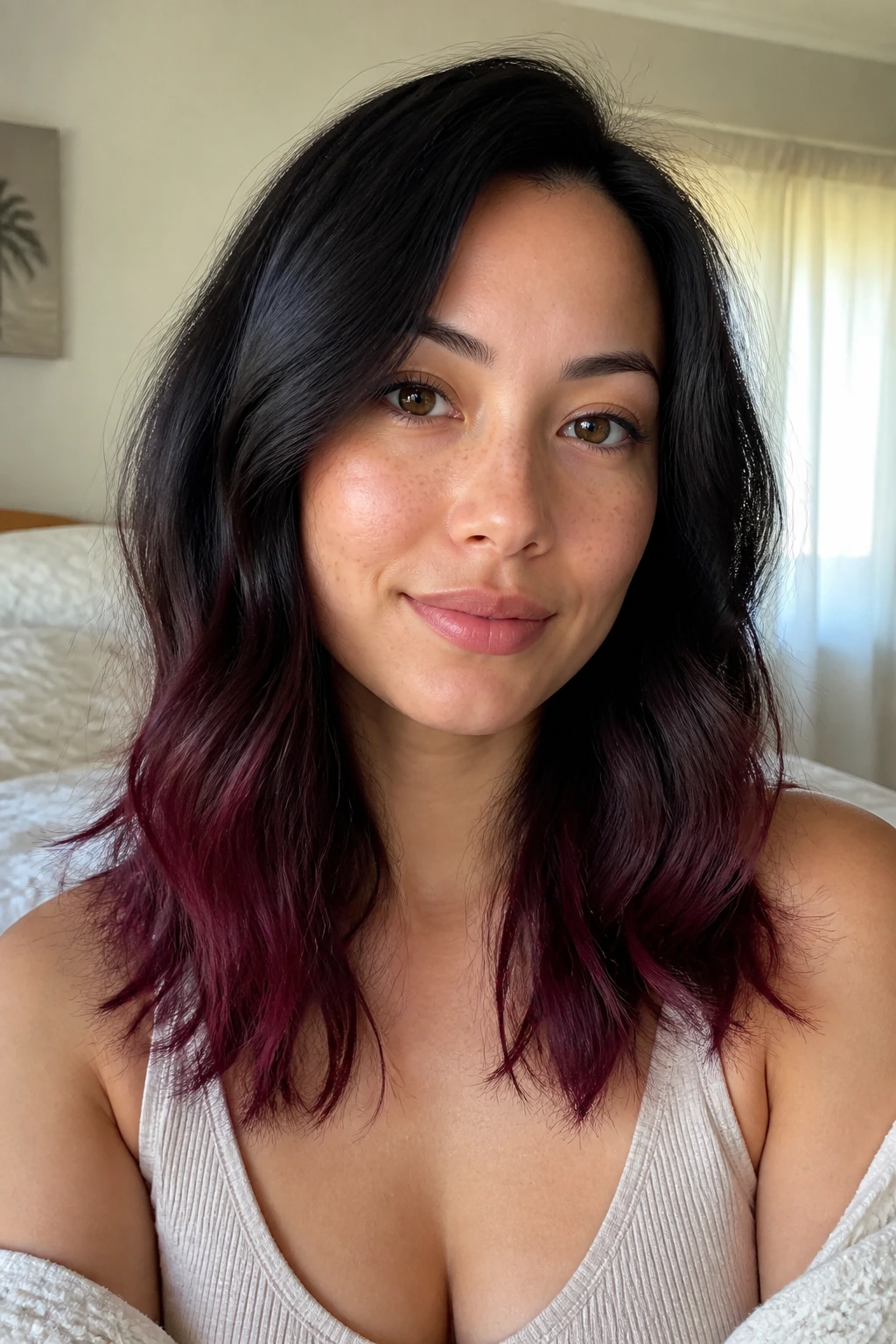 Close-up of a real woman with wine-tinted ends fading into dark roots