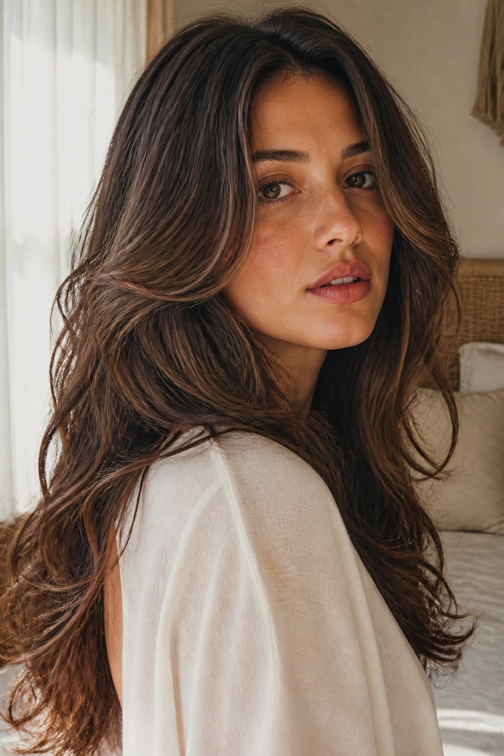 Close-up of a real woman with winged face-framing layers on wavy hair, lit by warm window light.