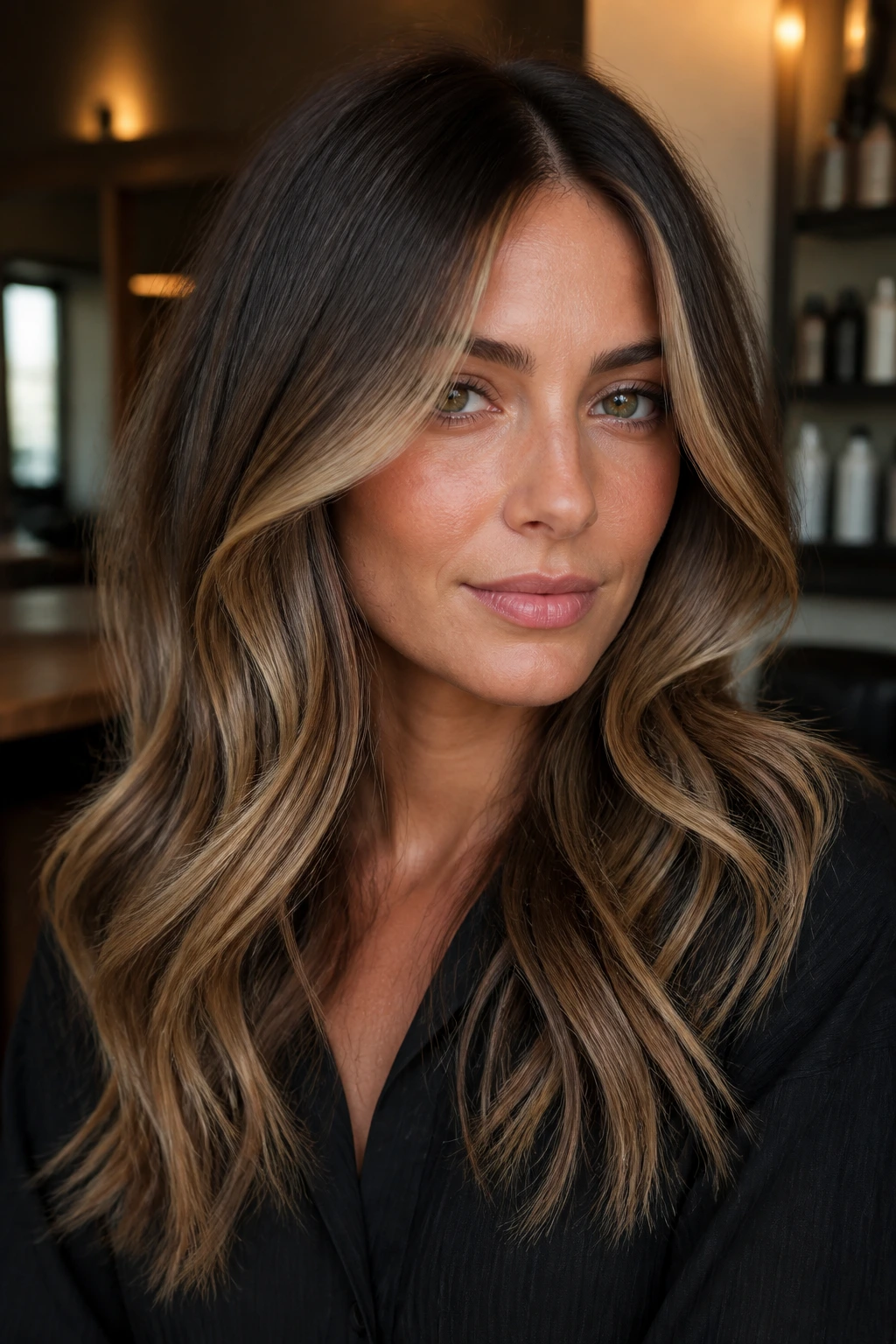 Close-up of a real woman's hair showing soft root shadow and beige ribbons for winter balayage.