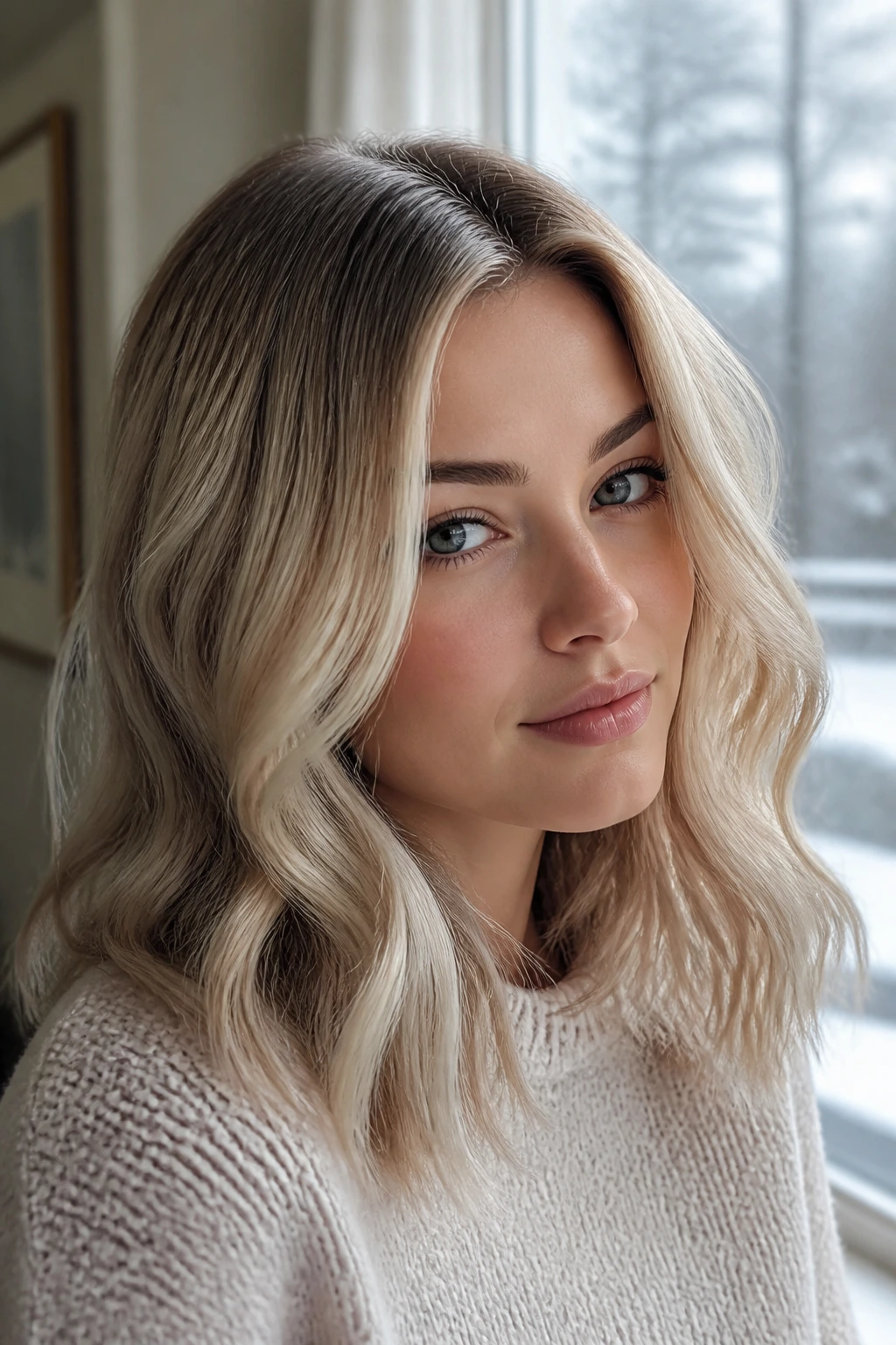 Close-up of a real woman with beige pearl smoky blonde hair and a subtle root shadow in winter daylight.